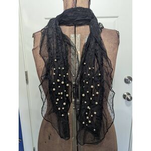 Black Lace Pearl Embellished Scarf Long Narrow Boho Gothic Victorian Style